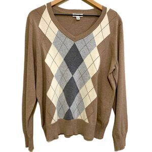 ST. JOHN’S BAY Argyle Sweater Women’s XL Tan White Gray 100% Cotton.